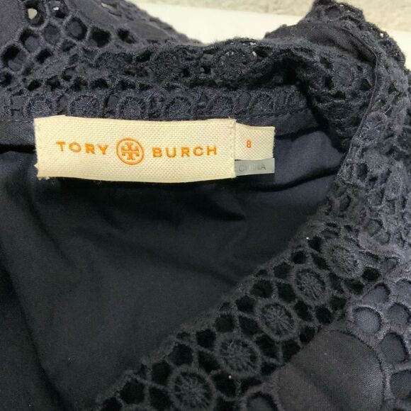 Tory Burch Hallie Eyelet Dress Women's Size 8 Navy Blue A Line Sleeveless Lined - Picture 7 of 9
